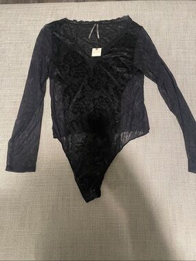 Anthropologie Black Sheer Floral Lace Long-Sleeve Bodysuit